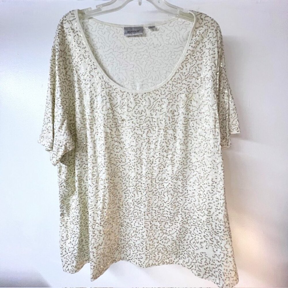 Avenue Womens Pullover Top with Gold Sequins, Short Sleeves, Size 26/28